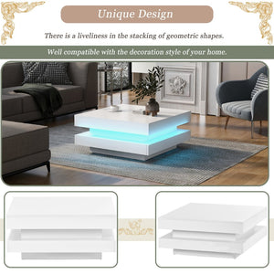 English Elm On-trend Two Tier Square Coffee Table with Led Underlighting High Gloss Modern Living Room White WF295997AAK