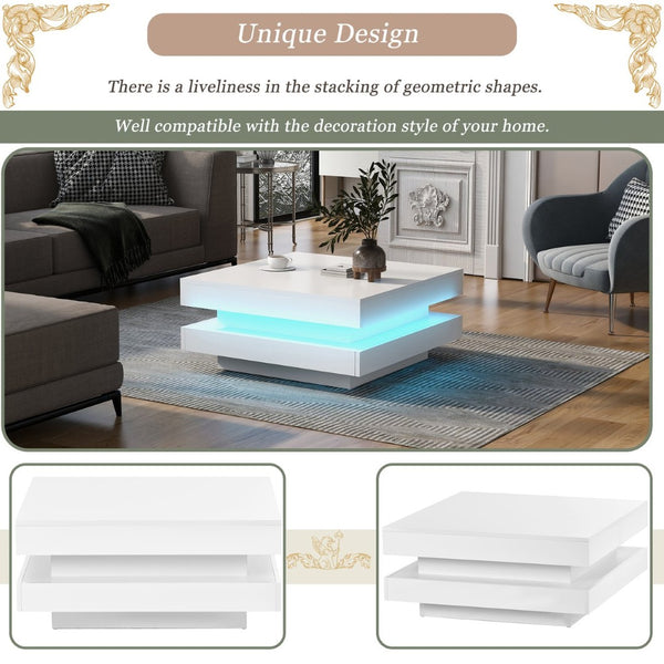 English Elm On-trend Two Tier Square Coffee Table with Led Underlighting High Gloss Modern Living Room White WF295997AAK