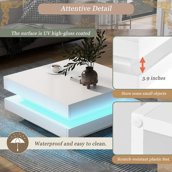 English Elm On-trend Two Tier Square Coffee Table with Led Underlighting High Gloss Modern Living Room White WF295997AAK