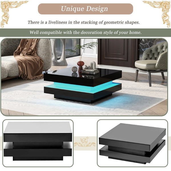 English Elm On-trend Two Tier Square Coffee Table with Led Underlighting High Gloss Modern Living Room Black WF295997AAB