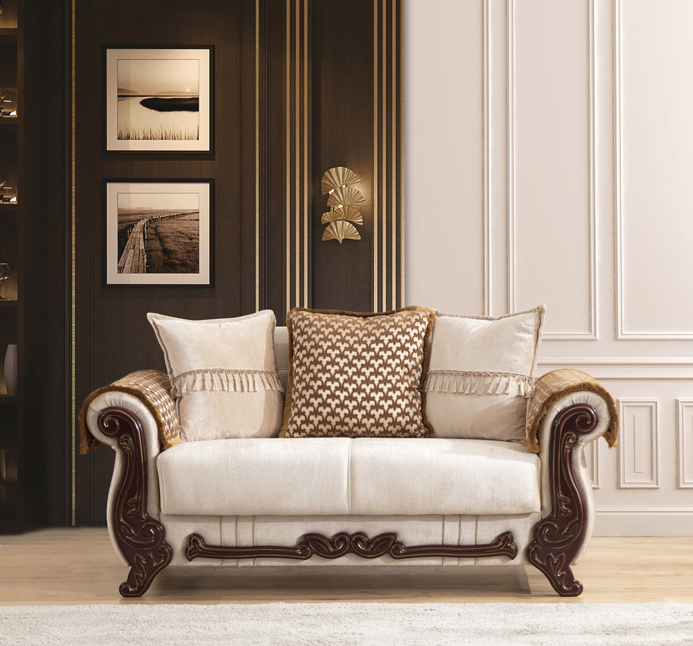 English Elm Traditional Carmen Loveseat Chenille Upholstery in Beige with Hidden Storage, Pull-Out Bed, Carved Wood Frame, Plush Cushions B009S00973