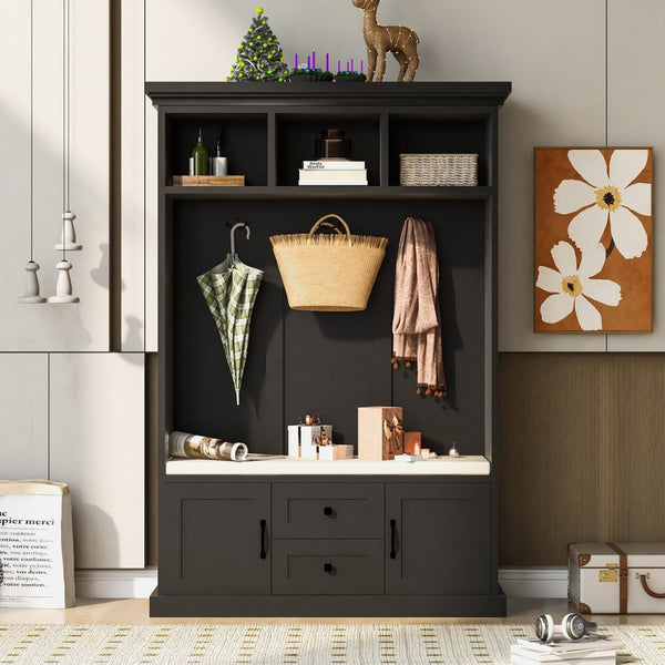 English Elm U-can Entryway Hall Tree with Crown Molding Beadboard Bench and Concealed Cabinet Storage Black JY000112AAB