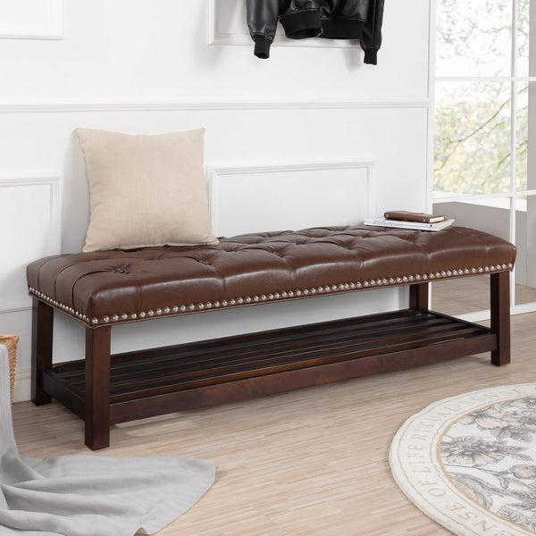 English Elm Bedroom Tufted Pu Leather Bench with Nailhead Trim Fits Queen or King Footboard W68053159