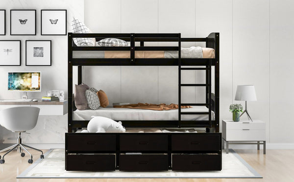 English Elm Twin Over Pine Bunk Bed with Pull-out Trundle and Three Storage Drawers SM000093AAP-1