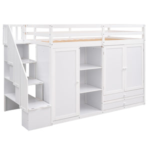 English Elm Functional Loft Bed with Built-In Storage Ladder, 2 Wardrobes, 3 Shelves & 2 Drawers, Twin Strength White GX000325AAK