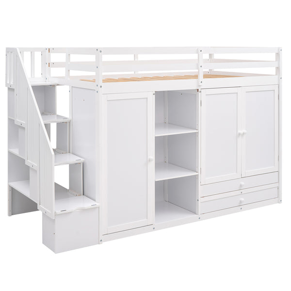 English Elm Functional Loft Bed with Built-In Storage Ladder, 2 Wardrobes, 3 Shelves & 2 Drawers, Twin Strength White GX000325AAK