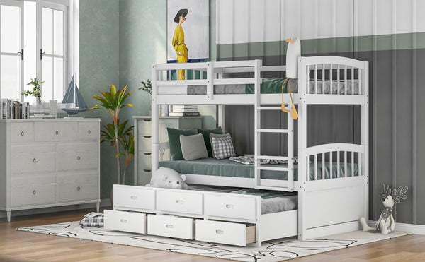 English Elm Twin Over Pine Bunk Bed with Pull-out Trundle and Three Storage Drawers SM000093AAK-1