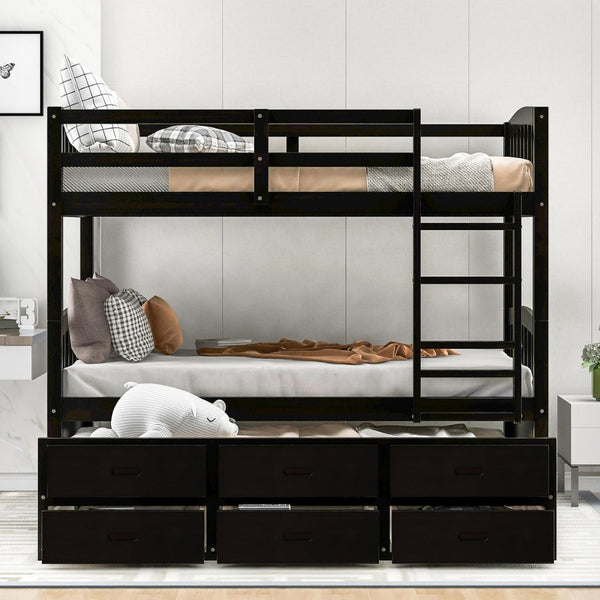 English Elm Twin Over Pine Bunk Bed with Pull-out Trundle and Three Storage Drawers SM000093AAP-1