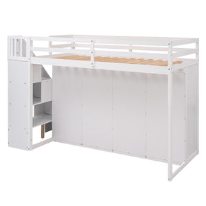 English Elm Functional Loft Bed with Built-In Storage Ladder, 2 Wardrobes, 3 Shelves & 2 Drawers, Twin Strength White GX000325AAK