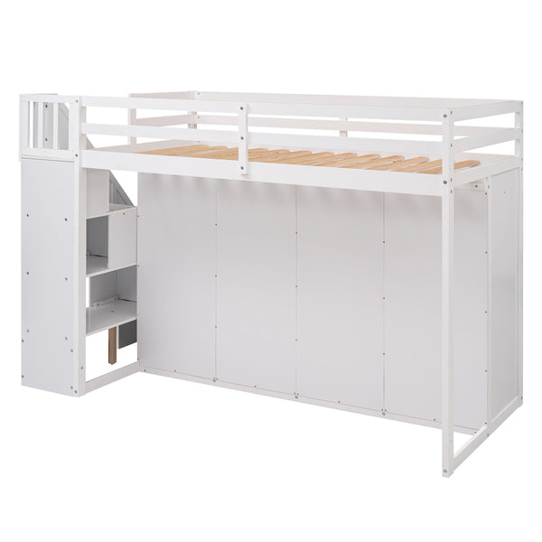 English Elm Functional Loft Bed with Built-In Storage Ladder, 2 Wardrobes, 3 Shelves & 2 Drawers, Twin Strength White GX000325AAK