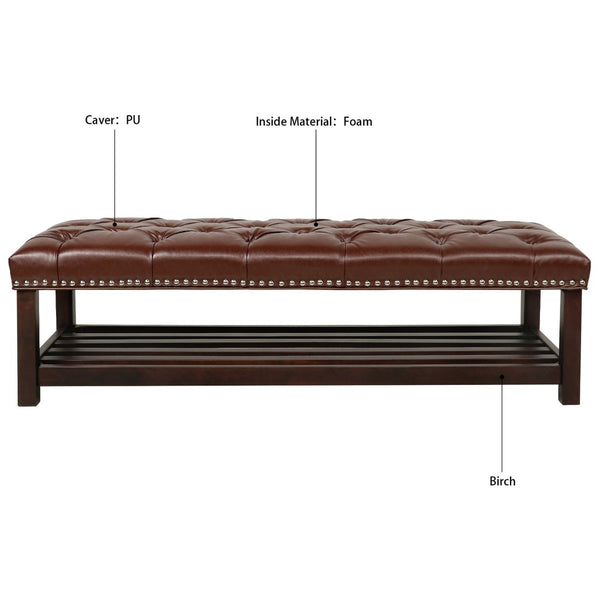 English Elm Bedroom Tufted Pu Leather Bench with Nailhead Trim Fits Queen or King Footboard W68053159