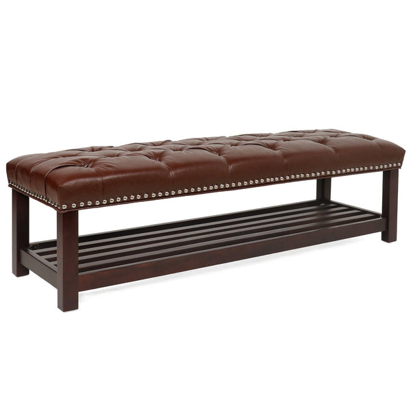English Elm Bedroom Tufted Pu Leather Bench with Nailhead Trim Fits Queen or King Footboard W68053159