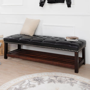 English Elm Wooden Frame Tufted Pu Leather Bench with Brass Nail Trim for Entryway or Bedroom W68053160