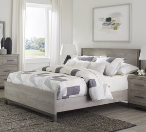 English Elm Attractive Zephyr Queen Bed in Light Gray Faux Wood Melamine with Metal-Finish Banding, Low-Profile Modern Design B011S00251
