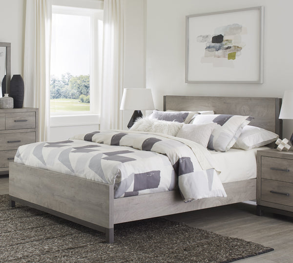 English Elm Attractive Zephyr Queen Bed in Light Gray Faux Wood Melamine with Metal-Finish Banding, Low-Profile Modern Design B011S00251