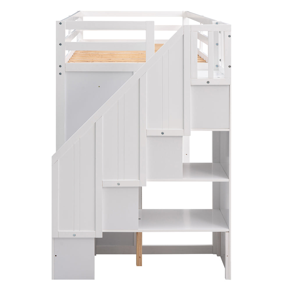 English Elm Functional Loft Bed with Built-In Storage Ladder, 2 Wardrobes, 3 Shelves & 2 Drawers, Twin Strength White GX000325AAK