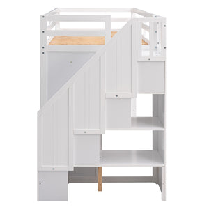 English Elm Functional Loft Bed with Built-In Storage Ladder, 2 Wardrobes, 3 Shelves & 2 Drawers, Twin Strength White GX000325AAK