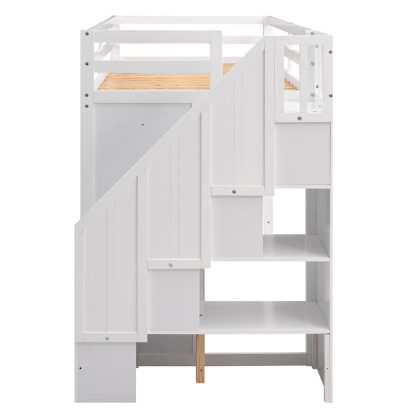English Elm Functional Loft Bed with Built-In Storage Ladder, 2 Wardrobes, 3 Shelves & 2 Drawers, Twin Strength White GX000325AAK