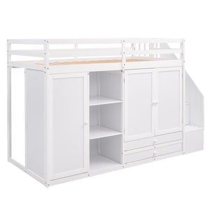English Elm Functional Loft Bed with Built-In Storage Ladder, 2 Wardrobes, 3 Shelves & 2 Drawers, Twin Strength White GX000325AAK