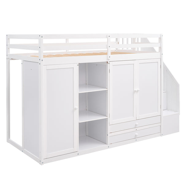 English Elm Functional Loft Bed with Built-In Storage Ladder, 2 Wardrobes, 3 Shelves & 2 Drawers, Twin Strength White GX000325AAK