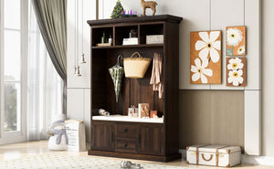 English Elm U-can Entryway Hall Tree with Crown Molding Beadboard Bench and Concealed Cabinet Storage Brown JY000112AAD