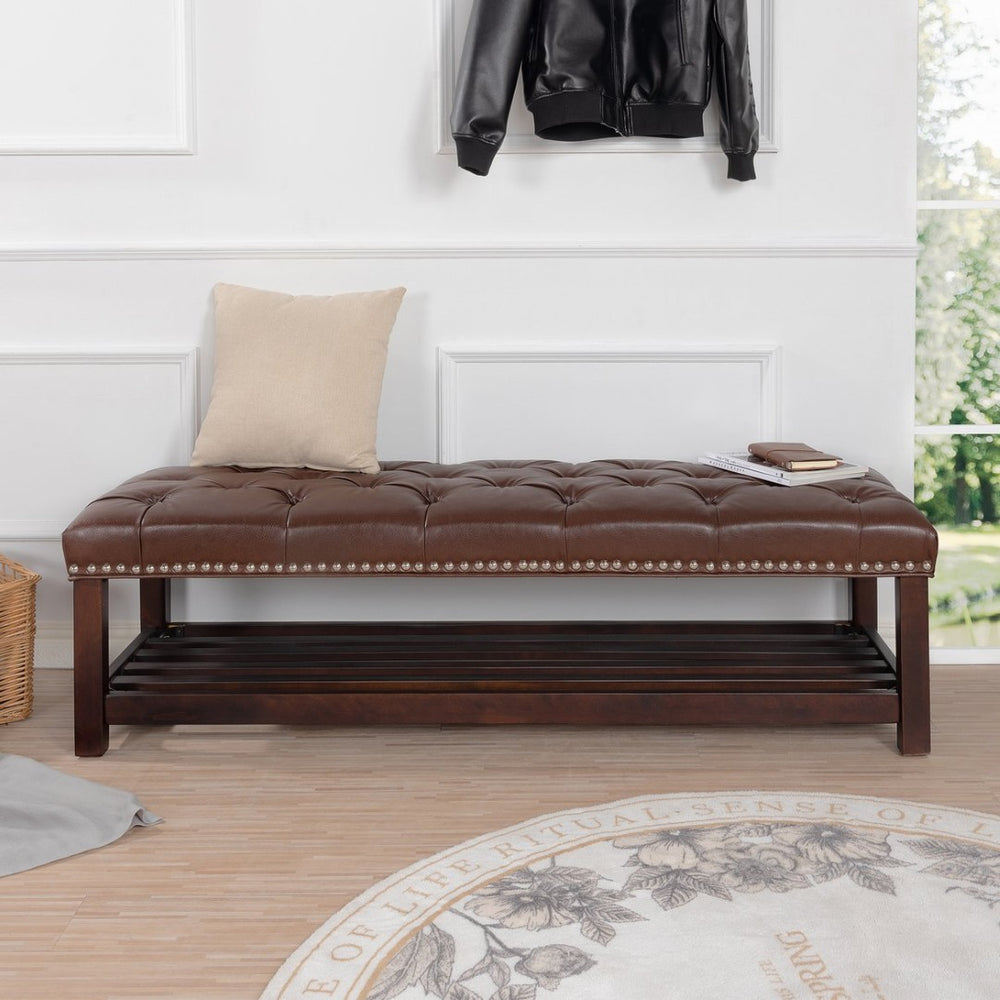 English Elm Bedroom Tufted Pu Leather Bench with Nailhead Trim Fits Queen or King Footboard W68053159