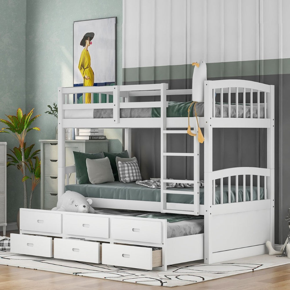 English Elm Twin Over Pine Bunk Bed with Pull-out Trundle and Three Storage Drawers SM000093AAK-1