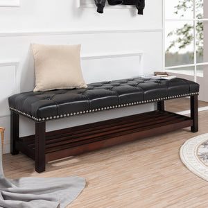 English Elm Wooden Frame Tufted Pu Leather Bench with Brass Nail Trim for Entryway or Bedroom W68053160