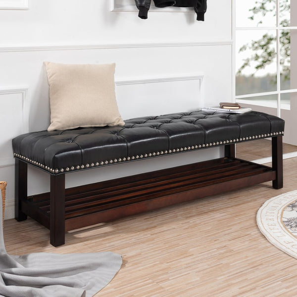 English Elm Wooden Frame Tufted Pu Leather Bench with Brass Nail Trim for Entryway or Bedroom W68053160