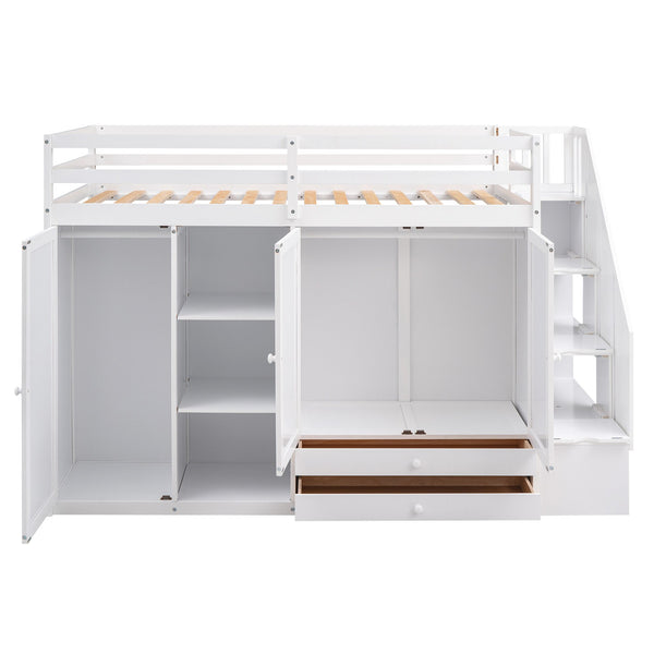 English Elm Functional Loft Bed with Built-In Storage Ladder, 2 Wardrobes, 3 Shelves & 2 Drawers, Twin Strength White GX000325AAK