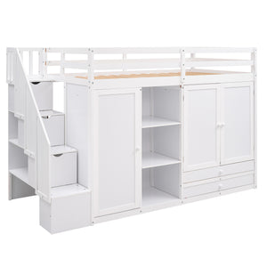 English Elm Functional Loft Bed with Built-In Storage Ladder, 2 Wardrobes, 3 Shelves & 2 Drawers, Twin Strength White GX000325AAK