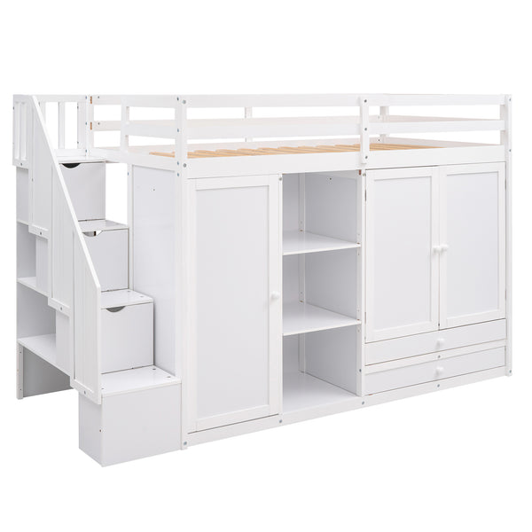 English Elm Functional Loft Bed with Built-In Storage Ladder, 2 Wardrobes, 3 Shelves & 2 Drawers, Twin Strength White GX000325AAK