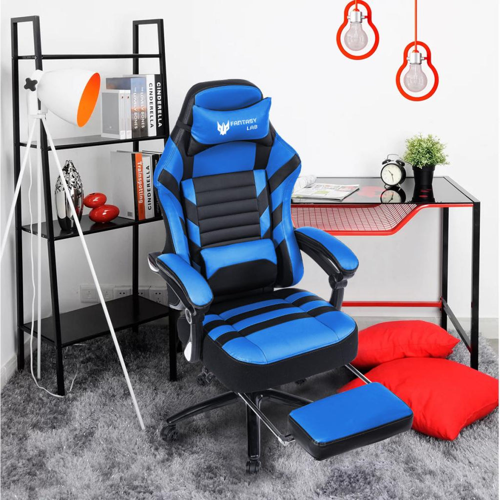 English Elm Vanbow.Seat Memory Foam Reclining Gaming Chair with Massage Lumbar, Retractable Footrest & Swivel Comfort Blue W152166559