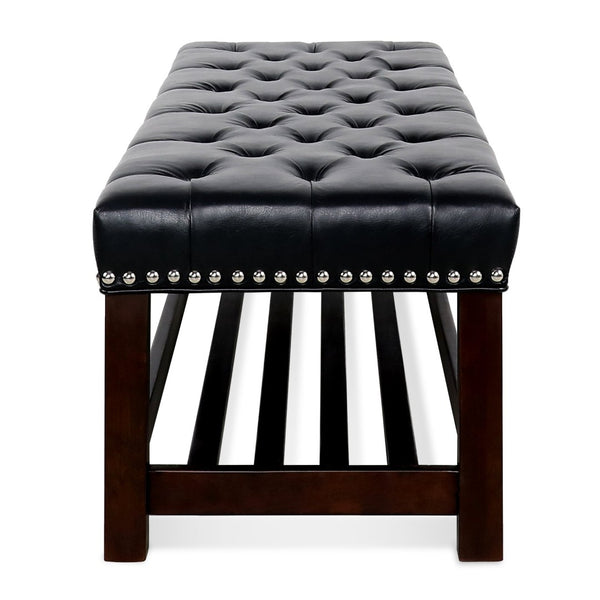 English Elm Wooden Frame Tufted Pu Leather Bench with Brass Nail Trim for Entryway or Bedroom W68053160