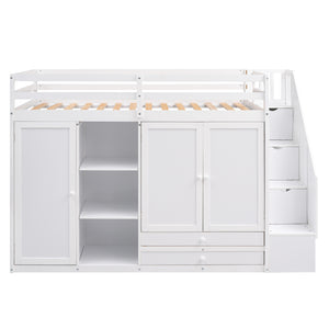English Elm Functional Loft Bed with Built-In Storage Ladder, 2 Wardrobes, 3 Shelves & 2 Drawers, Twin Strength White GX000325AAK