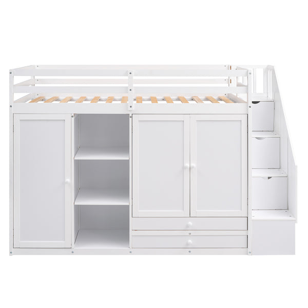 English Elm Functional Loft Bed with Built-In Storage Ladder, 2 Wardrobes, 3 Shelves & 2 Drawers, Twin Strength White GX000325AAK