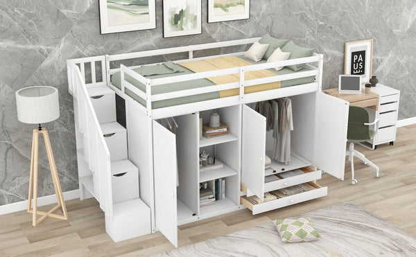 English Elm Functional Loft Bed with Built-In Storage Ladder, 2 Wardrobes, 3 Shelves & 2 Drawers, Twin Strength White GX000325AAK