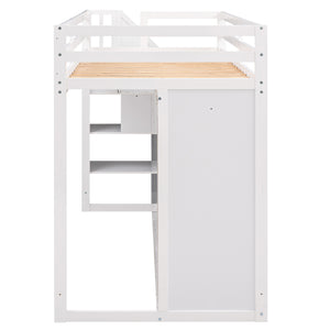 English Elm Functional Loft Bed with Built-In Storage Ladder, 2 Wardrobes, 3 Shelves & 2 Drawers, Twin Strength White GX000325AAK