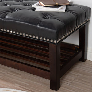 English Elm Wooden Frame Tufted Pu Leather Bench with Brass Nail Trim for Entryway or Bedroom W68053160