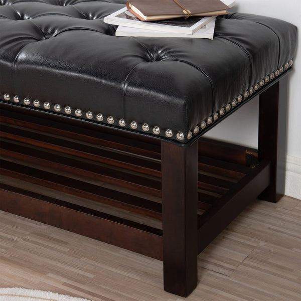 English Elm Wooden Frame Tufted Pu Leather Bench with Brass Nail Trim for Entryway or Bedroom W68053160