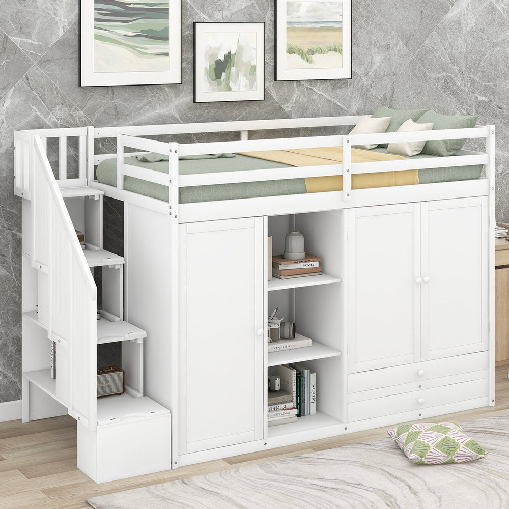 English Elm Functional Loft Bed with Built-In Storage Ladder, 2 Wardrobes, 3 Shelves & 2 Drawers, Twin Strength White GX000325AAK