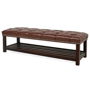 English Elm Bedroom Tufted Pu Leather Bench with Nailhead Trim Fits Queen or King Footboard W68053159