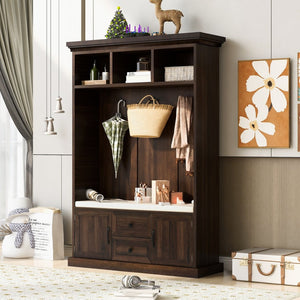 English Elm U-can Entryway Hall Tree with Crown Molding Beadboard Bench and Concealed Cabinet Storage Brown JY000112AAD