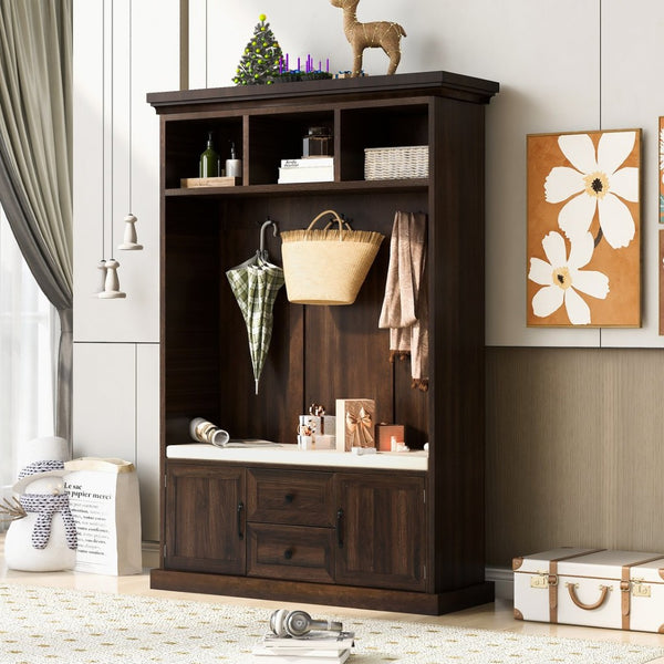 English Elm U-can Entryway Hall Tree with Crown Molding Beadboard Bench and Concealed Cabinet Storage Brown JY000112AAD
