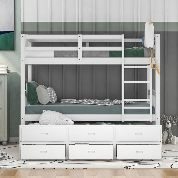 English Elm Twin Over Pine Bunk Bed with Pull-out Trundle and Three Storage Drawers SM000093AAK-1
