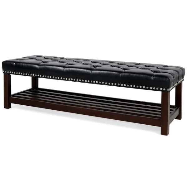 English Elm Wooden Frame Tufted Pu Leather Bench with Brass Nail Trim for Entryway or Bedroom W68053160
