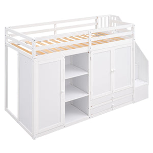 English Elm Functional Loft Bed with Built-In Storage Ladder, 2 Wardrobes, 3 Shelves & 2 Drawers, Twin Strength White GX000325AAK