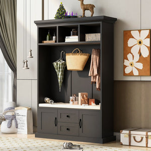 English Elm U-can Entryway Hall Tree with Crown Molding Beadboard Bench and Concealed Cabinet Storage Black JY000112AAB