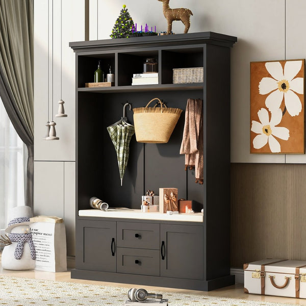 English Elm U-can Entryway Hall Tree with Crown Molding Beadboard Bench and Concealed Cabinet Storage Black JY000112AAB
