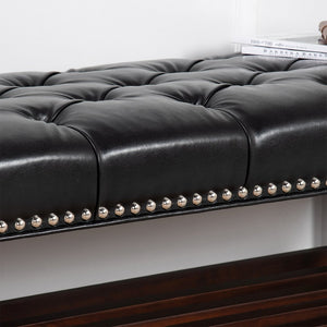 English Elm Wooden Frame Tufted Pu Leather Bench with Brass Nail Trim for Entryway or Bedroom W68053160